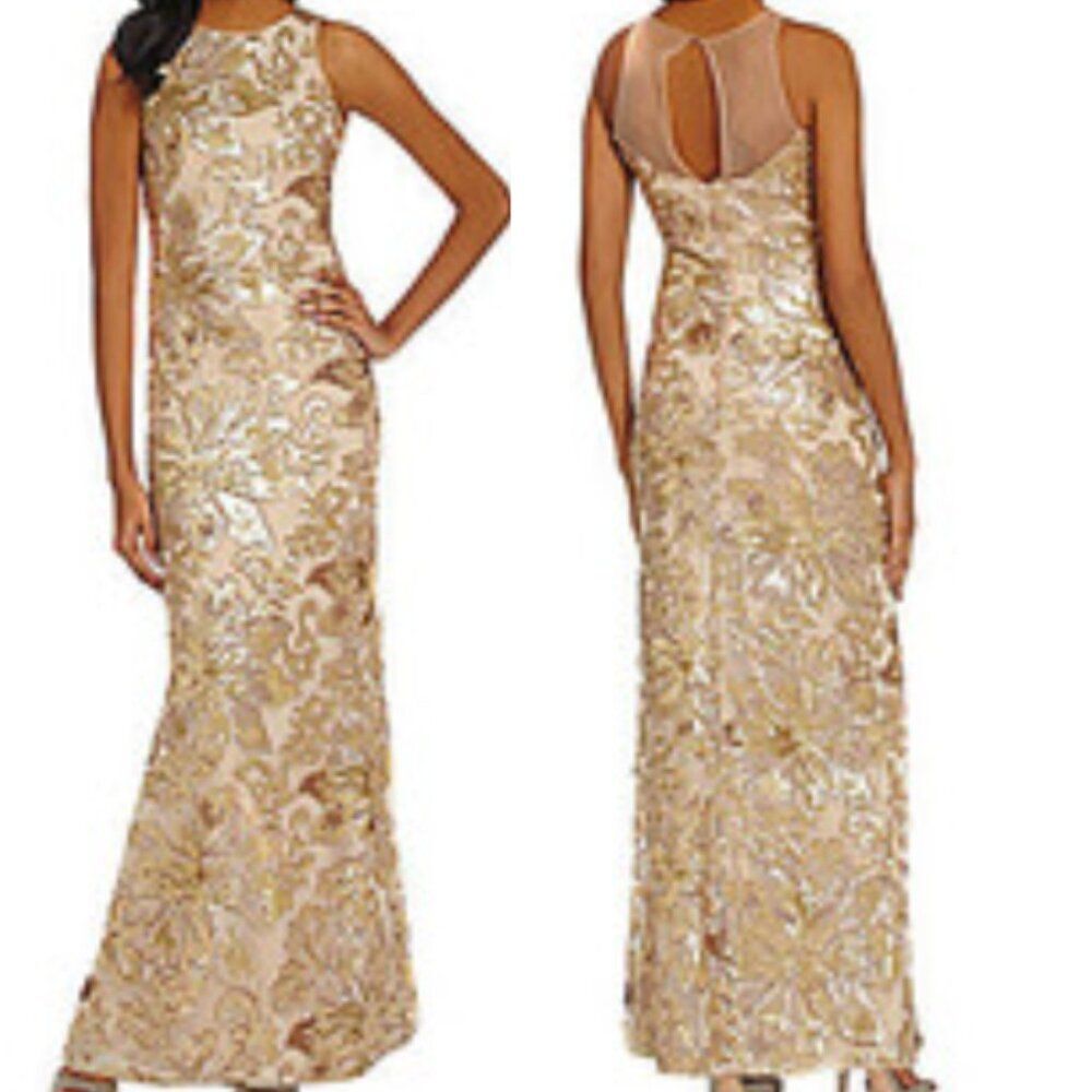 Belle Badgley Mischka Floral Sequin Long Evening Gown Gold Women's Size 6